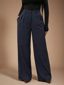 Radiana Women's Minimalist Modern Navy Blue Striped Suit Pants, High Waist Trousers, Blue Pants, Striped Pants, Oversized Wide Leg Pants, Casual Pants, Business Pants, Suitable For Casual Outings, Business, Office, Commuting, Formal Occasions Stripe Pants Navy Blue Pants Palazzo Pants Women Pleated Pants - Blue - View 2