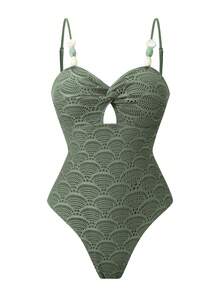 Swim Oasis 女士镂空纹理面料撞色串珠设计优雅简约女士风格高端泳衣套装，26ss系列沙滩派对度假风连体泳衣 - 綠色 - 查看 3