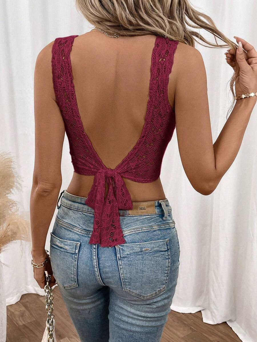 SHEIN Frenchy 女士镂空露背扭结露脐修身性感吊带背心 - 酒紅色 - 查看 1