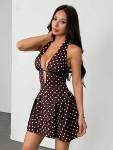 SHEIN PETITE 女士波点V领镂空腰A字迷你连衣裙，适合派对、圣诞节、约会、夜店、波西米亚风、度假、秋季等场合。 - 棕色 - 查看 3