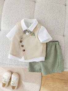 SHEIN 3pcs Set Includes White Shirt, Vest, Elastic Waist Shorts, Bow Tie, Short Sleeve Shirt Outfit, Suitable For Birthday Party, Rave, Evening Party, Performance, Wedding, Baby Shower, Christening, 1st Birthday Celebration, Wedding Guest, Baby Boy - Multicolor - View 9