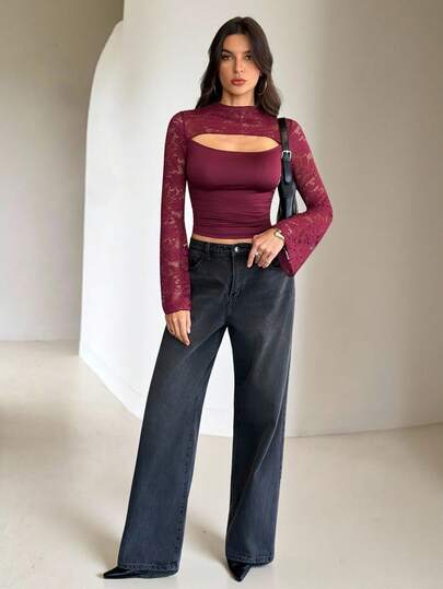 SHEIN Tall Sexiga och eleganta höstkläder för kvinnor Vinröd spetslappsmönstrad slim fit ihålig långärmad dam-T-shirt, höstkläder för kvinnor, homecoming-topp för kvinnor, vinröda toppar