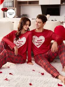 CoupledUp Valentine's Day Heart Print Contrast Color Plaid Long Sleeve Pants Men Pajama Set - Multicolor - View 3
