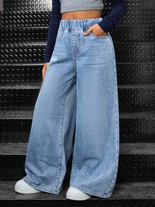 SHEIN Girls' Casual Basic Blue Denim Loose Pants - Light Wash - View 3