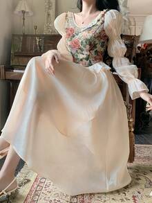 Women's Elegant Floral Patchwork Frill Trim Long Dress, Spring/Summer Wedding Guest Dress - Beige - View 8