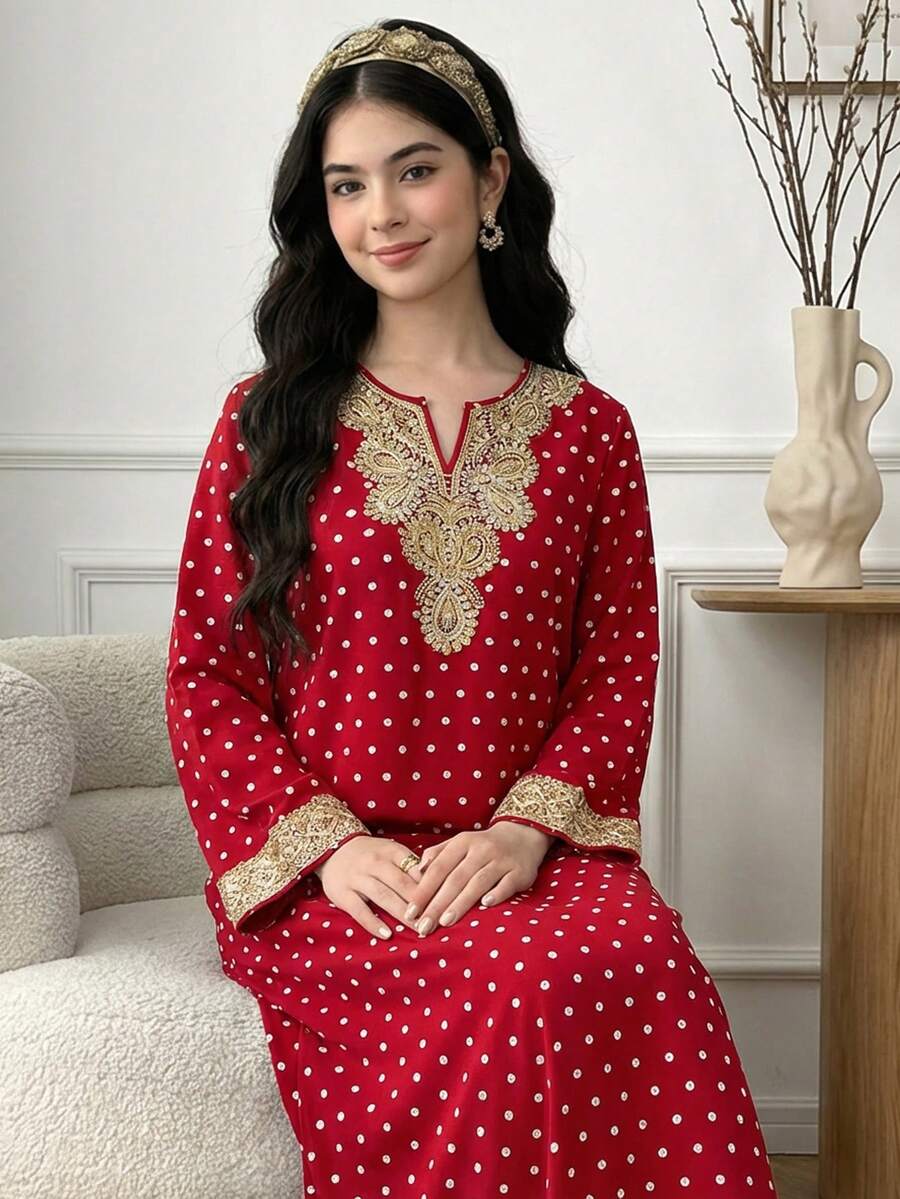 SHEIN Red Polka Dot Woven Print Pattern Robe For Teen Girls, Casual, Vacation, Daily Wear, Modest Arabic Jalabiya Style,Kids - Red - View 1