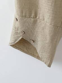 SHEIN LUNE CURVE 大码纯色亚麻质感口袋设计纽扣装饰宽松休闲裤 - 杏色 - 查看 3