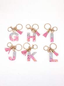 可爱闪亮粉色字母钥匙扣，大写字母箔树脂钥匙扣吊坠，带流苏吊坠，时尚钥匙扣，女士礼物，钱包和包包装饰，父亲节、母亲节、生日礼物、感恩节和圣诞节节日礼物 - 芭比粉 - 查看 1