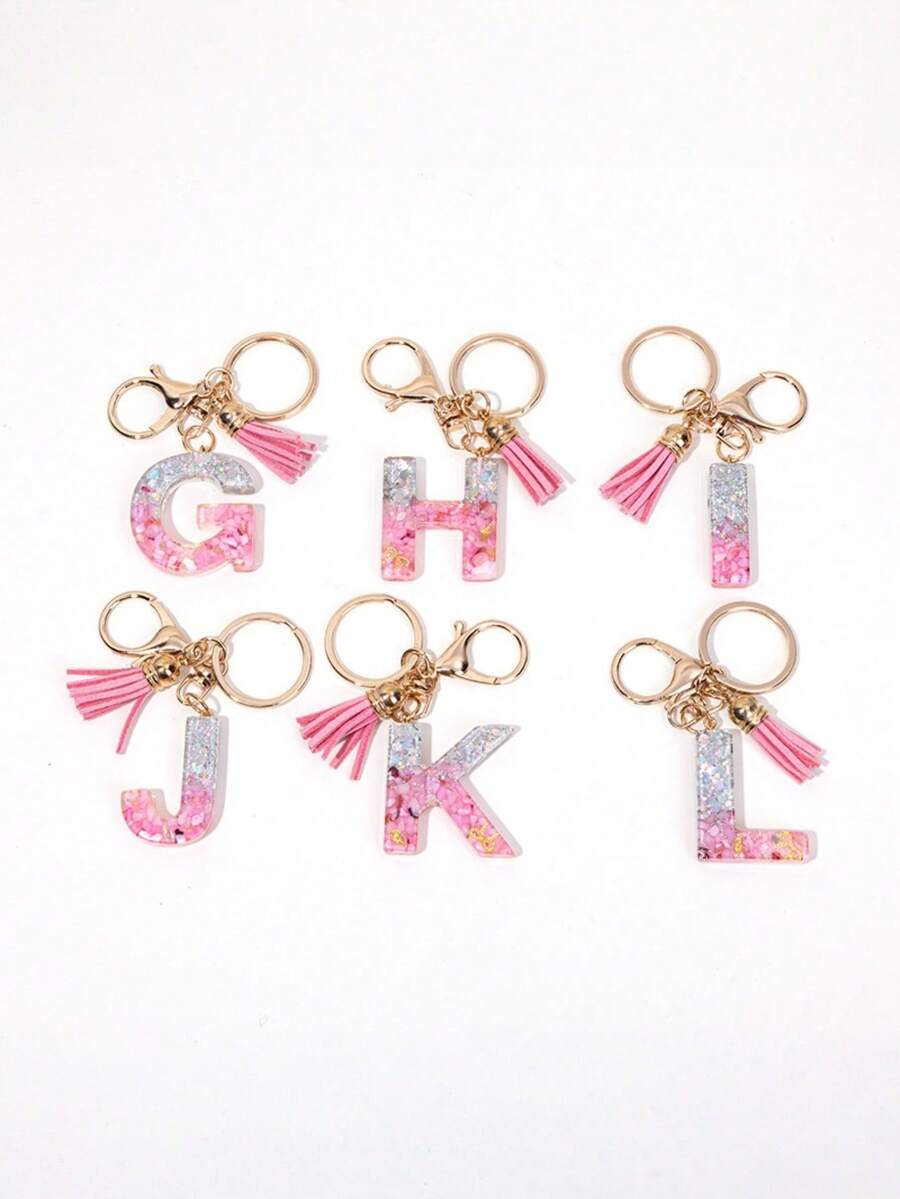 可爱闪亮粉色字母钥匙扣，大写字母箔树脂钥匙扣吊坠，带流苏吊坠，时尚钥匙扣，女士礼物，钱包和包包装饰，父亲节、母亲节、生日礼物、感恩节和圣诞节节日礼物 - 芭比粉 - 查看 1