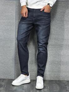 Manfinity Homme Quần jean denim nam cỡ lớn màu xanh đậm cổ điển dáng ôm, phong cách retro thường ngày, đa năng. - Rửa nhẹ - Xem 4