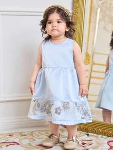 2pcs/Set Toddler Girls' Elegant Floral Applique Round Neck Cape Dress - Blue - View 3