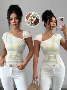 SHEIN Elenzya Áo kiểu bất đối xứng xếp ly nhuộm màu nước, thiết kế độc đáo với cúc kim loại trang trí, giúp thon gọn vòng eo, đa năng cho mùa hè, đi làm và dự tiệc. - Nhiều màu - Xem 1