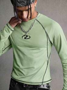 AXEPEAK Men's Geometric Print Crew Neck Raglan Long Sleeve Casual T-Shirt - Green - View 1