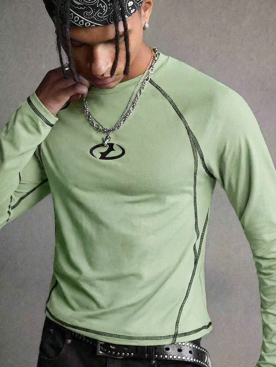 AXEPEAK Men's Geometric Print Crew Neck Raglan Long Sleeve Casual T-Shirt - Green - View 1
