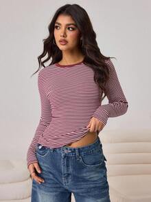 Aidyla Women's Casual Red Striped Long Sleeve Rib-Knit Round Neck Regular T-Shirt - Red - View 3