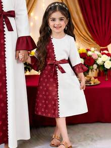 SHEIN Young Girls' Retro Loose Casual Square Neck Patchwork Pattern Long Sleeve Dress - Burgundy - View 2