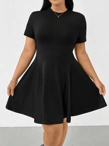 Shapeblank Plus Size Women's Black Short Sleeve Waist Cinching Mini Dress, High Elasticity, Casual Elegant Western Filipiniana, Spring/Summer Graduation - Black - View 4