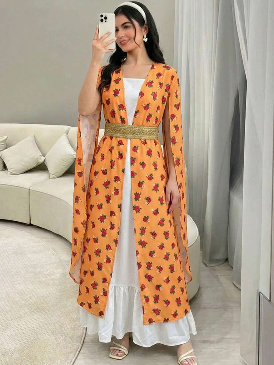 SHEIN Conjunto informal de 2 piezas para adolescentes con bata de flores diminutas amarillas y blancas con ribete de contraste, cintura ceñida y abertura, para vacaciones - Naranja - Ver 1