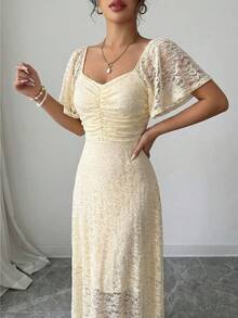 Modelyn Elegant French Style Lace Ruffle Dress, Delicate Yellow, Graceful Summer Aesthetic - Light Yellow - View 7