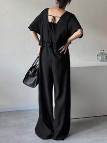 FRIFUL Women's Solid Color Textured Fabric Backless Tie-Up Bow Loose Casual Jumpsuit, Suitable For Spring And Summer Jumpsuit Lounge Sets For Women - Black - View 3