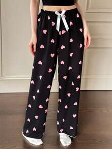 Dream Adore Women's Cute Heart Print Bow Tie Pajama Pants Valentine's Matching Pj Pants - Black - View 3