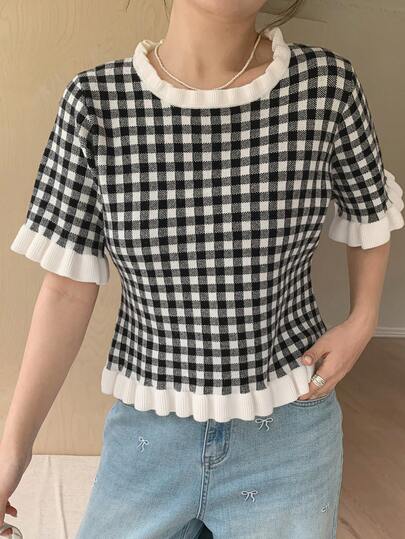 Dazy Plus Contrast Color Patchwork Plaid Frill Trim Casual Short Sleeve Knit Top, Plus Size Women Spring/Summer