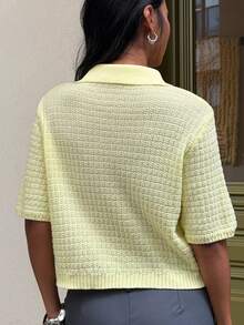 FavEase 女士宽松休闲复古硬币装饰口袋针织短袖上衣，时尚百搭，春夏款 - 黃色 - 查看 2