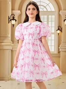 SHEIN 少女優雅蝴蝶結圖案花瓣袖公主裙 - 粉色 - 查看 3