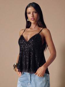 SHEIN BAE Áo nữ màu nâu đậm trơn, cổ chữ V sâu, dây đeo đính sequin, kiểu dáng gợi cảm, thích hợp cho mùa thu/đông, áo hai dây đính sequin, áo lót mùa thu/đông, trang phục dự tiệc cocktail. - màu đen - Xem 6