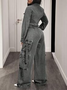 BamGleam Women's Casual Everyday Zip-Up Denim Jumpsuit - Grey - View 2