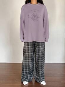 DAZY Women's Loose Comfortable Plaid Print Long Sleeve Top And Pants 2 Pieces Pajama Set, Autumn - Mauve Purple - View 5
