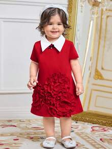 فستان أنيق متوسط الطول للبنات الصغار مزين بالزهور وألوان متباينة في الياقة - الأحمر - مشاهدة 3
