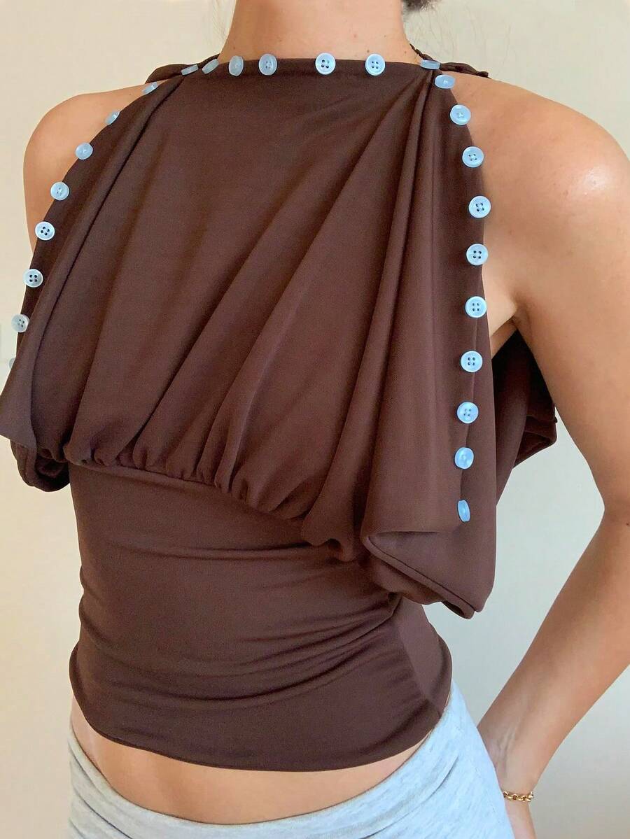 Siren Gaze Áo nữ ngắn tay thời trang màu trơn, thiết kế xếp ly, cài nút, có thể mặc theo nhiều kiểu, thích hợp đi chơi, đi biển, ngày Valentine, mùa xuân, màu nâu, phong cách Y2K, mùa hè thường ngày. - màu nâu - Xem 1