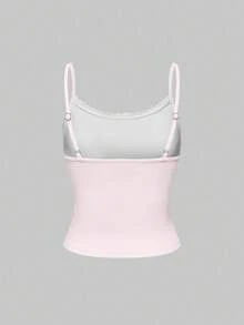 ROMWE Kawaii Bộ đồ ngủ gồm áo hai dây ren và quần short xếp ly in hình thỏ, bướm và hoa dễ thương và duyên dáng, thích hợp mặc ở nhà. - Hồng - Xem 4