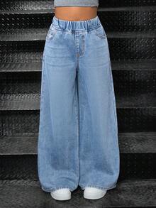 SHEIN Girls' Casual Basic Blue Denim Loose Pants - Light Wash - View 4