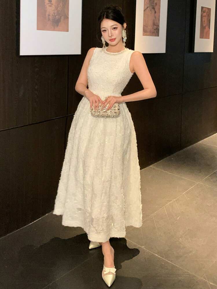 Women's Elegant Solid Color Textured Round Neck Sleeveless Mid-Length Dress, Summer Wedding Guest Dress Sundress