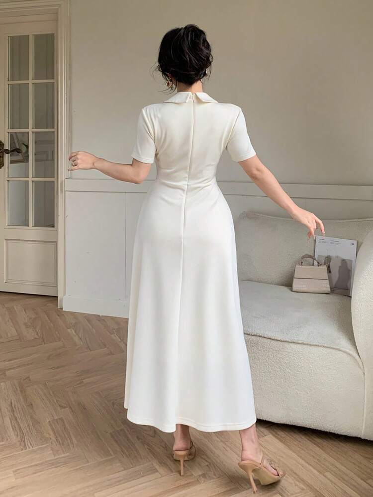 Women's Elegant Solid Color Lapel Short Sleeve Midi Dress, Summer Wedding Guest Dress Sundress