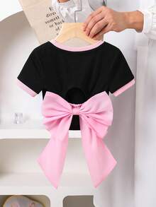 SHEIN Cute Baby Girl Knitted Solid Color Block Slim Fit Short-Sleeve T-Shirt With Open Back And Organza Bow Decoration. Fashionable French Elegance, Back To School, Y2K, Sweet And Cool, Individualistic And Ladylike. Bow Baby Clothes Pink And Black Toddler Outfit Elegant Tops For Toddler Girls Baby Girls Bow Tshirts - Black - View 4