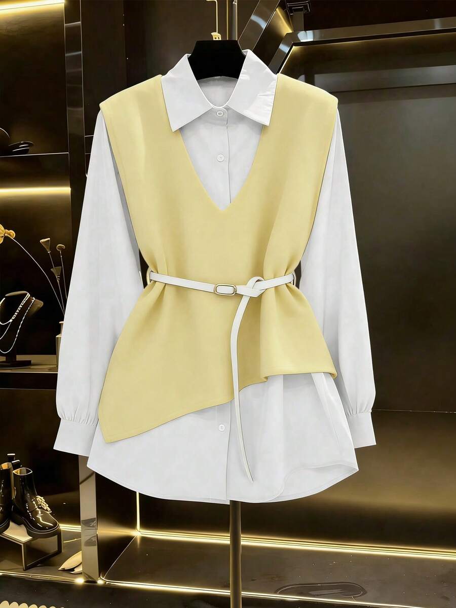 Franclia 2025秋季新品：女士二合一外套衬衫套装，采用巧妙的不对称剪裁、精致的纽扣装饰和可调节腰带，流畅的线条勾勒出纤细的身形，适合办公通勤、休闲周末和日常外出等各种场合。这款衬衫是休闲工作上衣、女士工作上衣、黄色衬衫和优雅女式衬衫的理想之选。 - 黃色 - 查看 1
