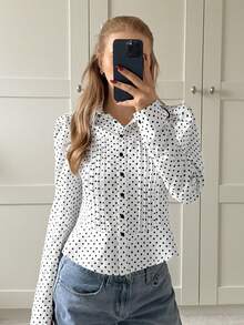 CovetEZ 波点休闲女式泡泡袖单排扣褶皱衬衫 - 黑與白 - 查看 3