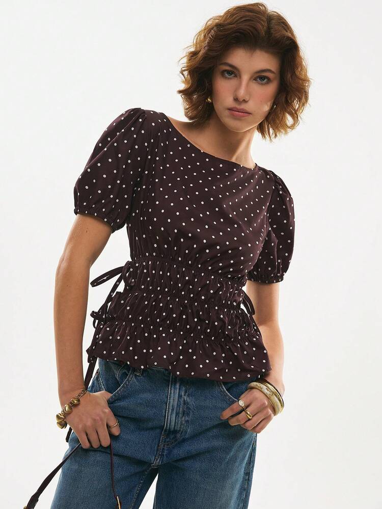 Poéselle Polka Dot Cinched Waist Round Neck Short Sleeve Top, Cute Polka Dot Puff Sleeve Peplum Top For Women, Chocolate Brown With White Polka Dots, Ruched Waist Spring Summer Blouse, Retro Y2K Casual Chic Elegant Vacation French-Style Top - Coffee Brown - View 8