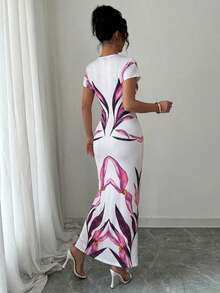 Elenzga V-Neck Waist Gathered Pleated Bodycon Elegant Romantic Sophisticated Women Dress, Suitable For Vacation - Multicolor - View 2