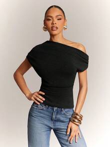 Hauture Women's Office Casual Dialy Simple Off Shoulder Wool Like Knit Ruched Top - Black - View 4