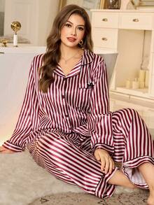 MuseNap CURVE Bộ đồ ngủ cỡ lớn in sọc, tay dài và quần, thích hợp mặc ở nhà. - Đỏ và trắng - Xem 4