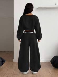 Coolane Women's Winter/Spring Streetwear Back To School Casual Daily Wear Warm/ Cold Weather/ Thermal Comfortable Deep V-Neck Long Sleeve Crop Sweatshirt And Wide Leg Curved Hem Pants Black Suit Set Two Pieces Outfits - Black - View 7