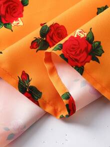 SHEIN Conjunto informal de 2 piezas para adolescentes con bata de flores diminutas amarillas y blancas con ribete de contraste, cintura ceñida y abertura, para vacaciones - Naranja - Ver 6