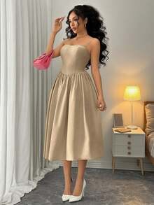 Rafferiza 时尚百搭约会派对吊带腰部喇叭裙 - 卡其色 - 查看 4