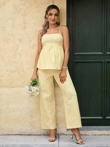 SHEIN 两件套休闲黄色碎花吊带背心和松紧腰裤孕妇套装 - 黃色 - 查看 4