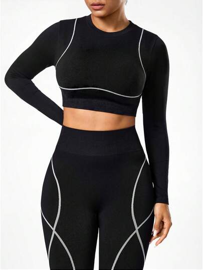 Seamluxe SHEIN Sport Chaleco deportivo de manga larga para mujer, de color blanco con contraste, cómodo, para fitness, correr al aire libre, de moda y versátil