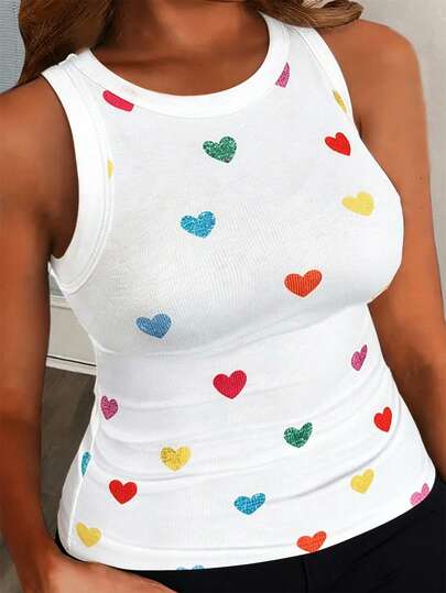 Slaydiva 新款/复活节/西部风/节日/新年/情人节性感/街头风女装/辣妹加大码爱心印花休闲基础款修身白色圆领露肩背心